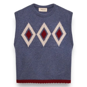 birinit - Kolsuz Argyle Merino Yün Kazak | Mavi