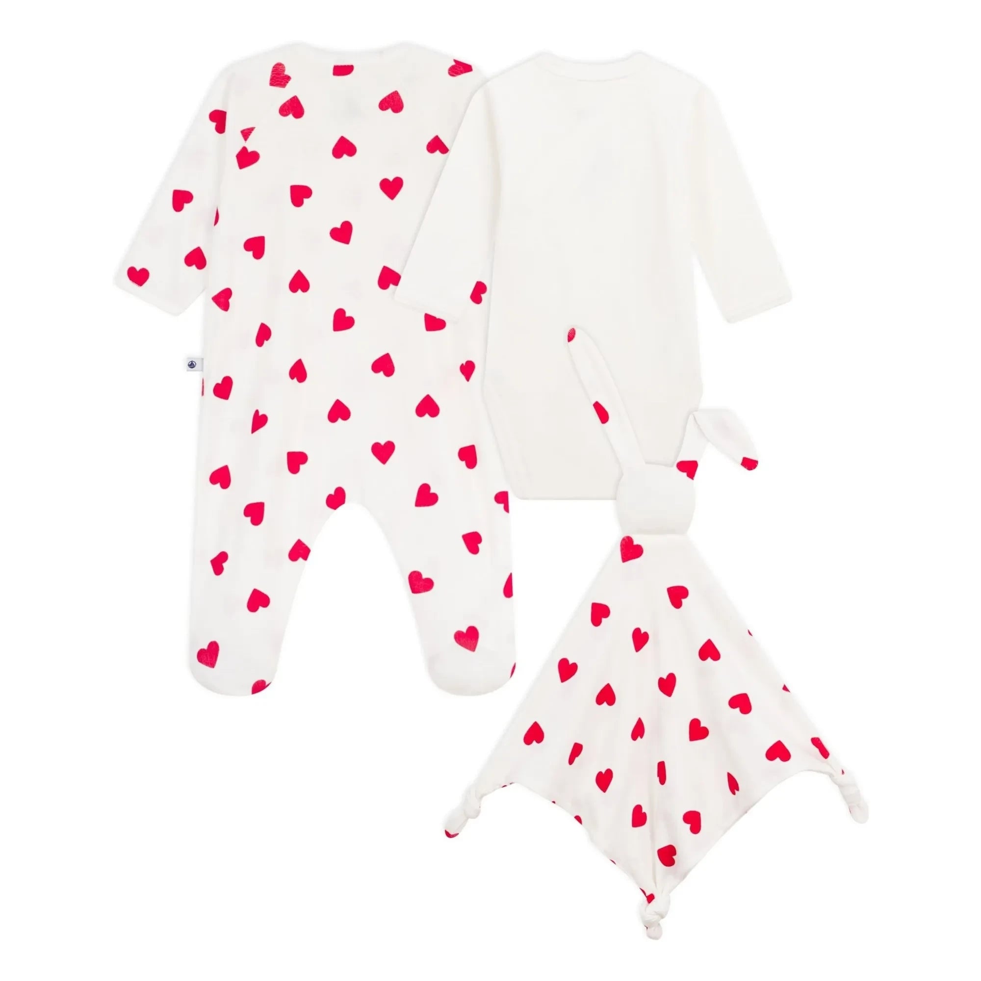 Petit Bateau - Conjunto de regalo de pijama-pelele de 3 piezas y corazones encantadores | Blanco