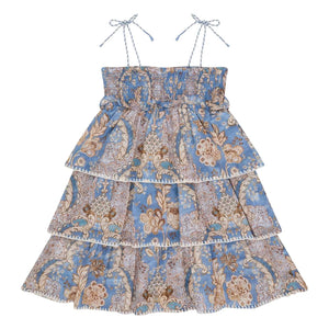 Zimmermann - Vestido Fruncido con Estampado Floral y Ribetes de Volantes | Azul Claro