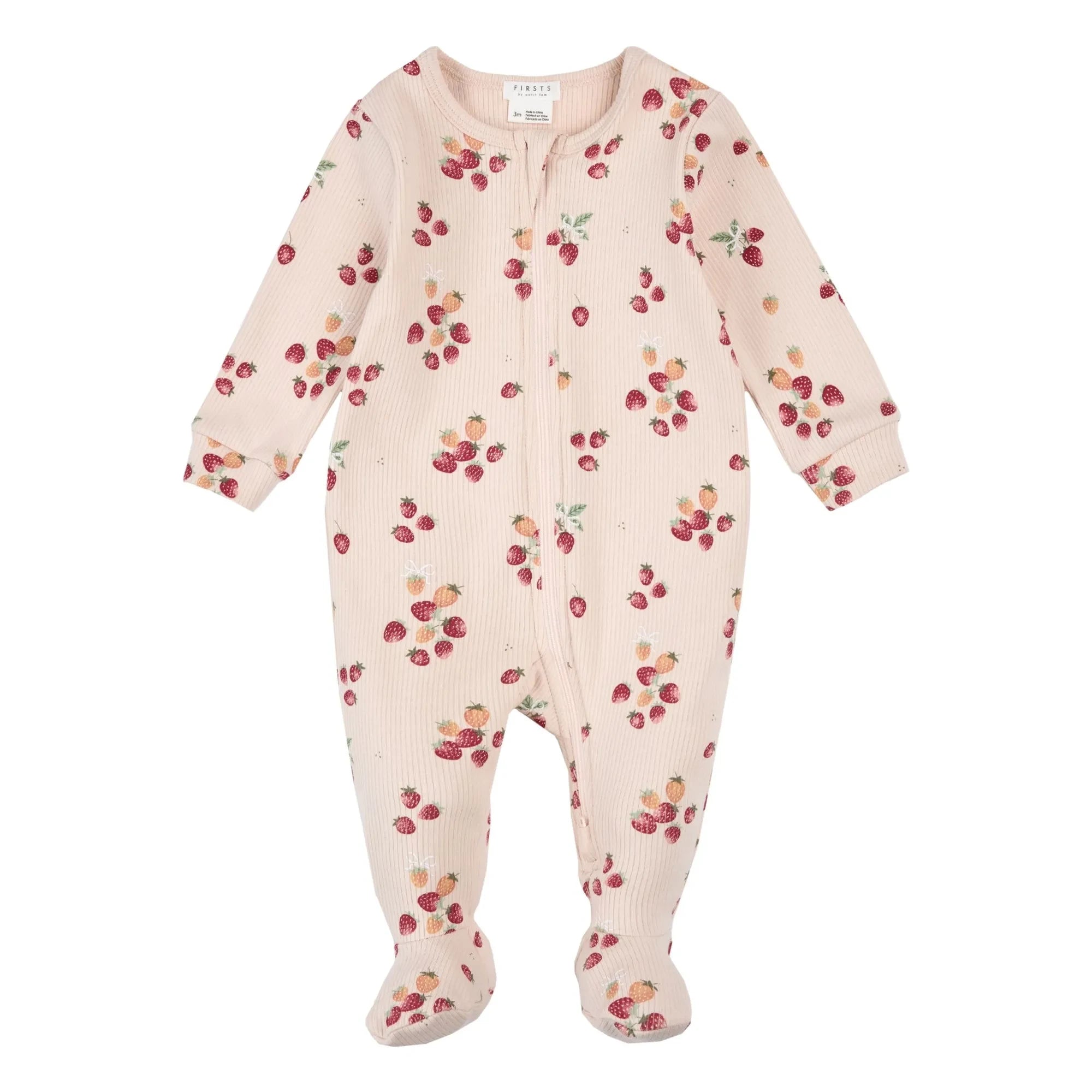Petit Lem - Pijama con pies Fresa Rib Canalé Algodón Orgánico | Rosa