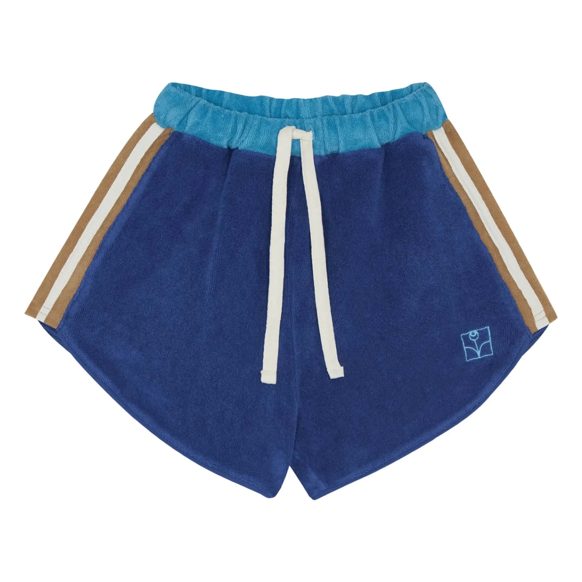 The Campamento - Pantalones cortos retro de tela de toalla con rayas en contraste | Azul marino