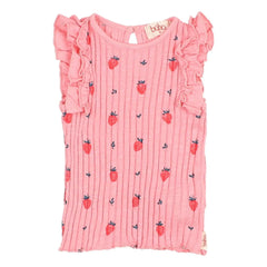 Búho - Camiseta de algodón orgánico a rayas y fresas | Rosa claro