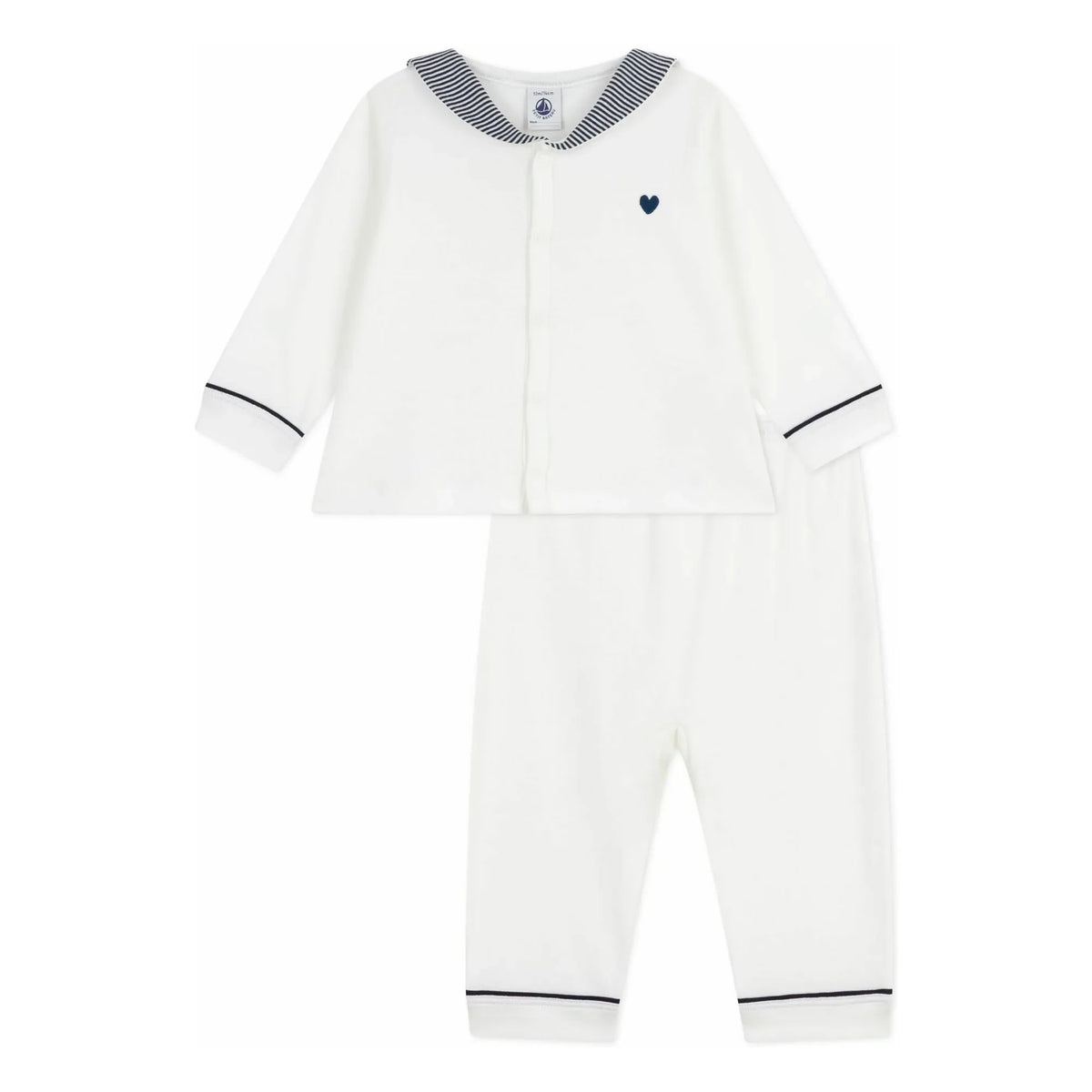 Petit Bateau - Pijama de algodón orgánico con cuello a rayas | Blanco