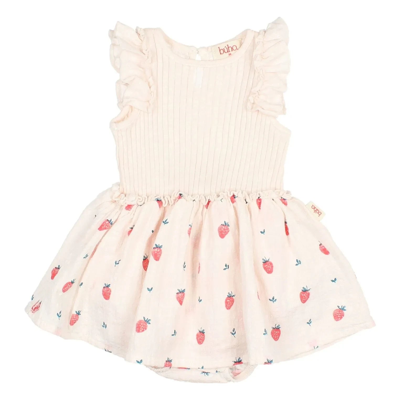Búho - Vestido Fruncido de Manga Corta Fresas Algodón Orgánico | Lychee Pink