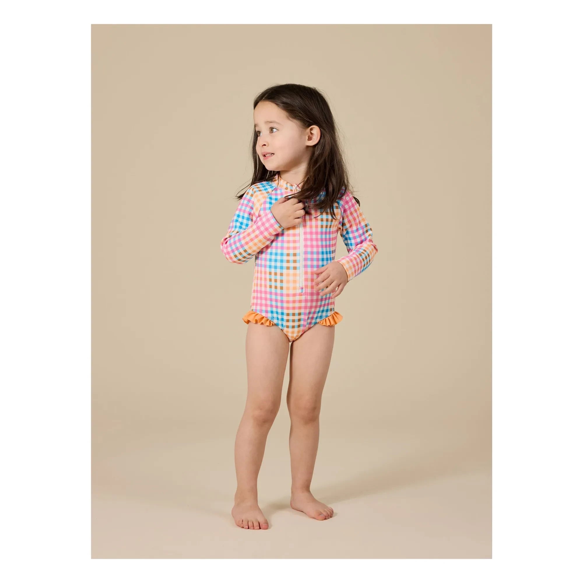 Goldie + Ace - Traje de baño de manga larga con estampado de azulejos | Rosa