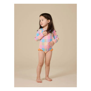 Goldie + Ace - Traje de baño de manga larga con estampado de azulejos | Rosa