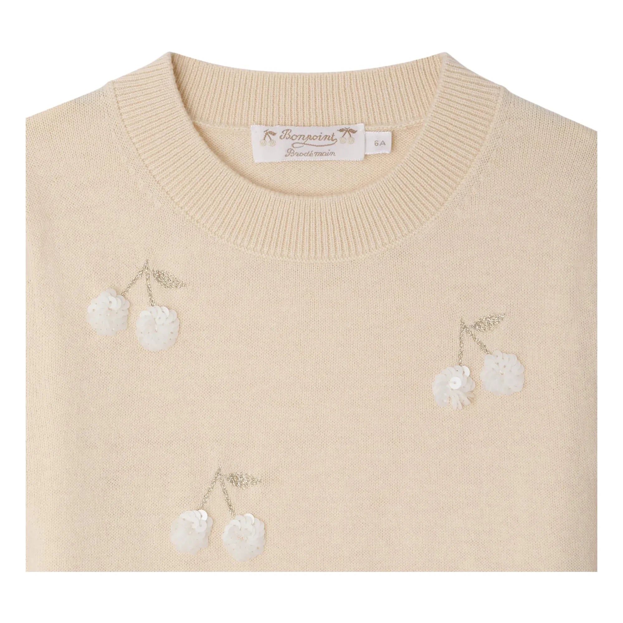 Bonpoint - Jersey de lana de manga corta con lentejuelas de cerezas Leola | Beige rosado