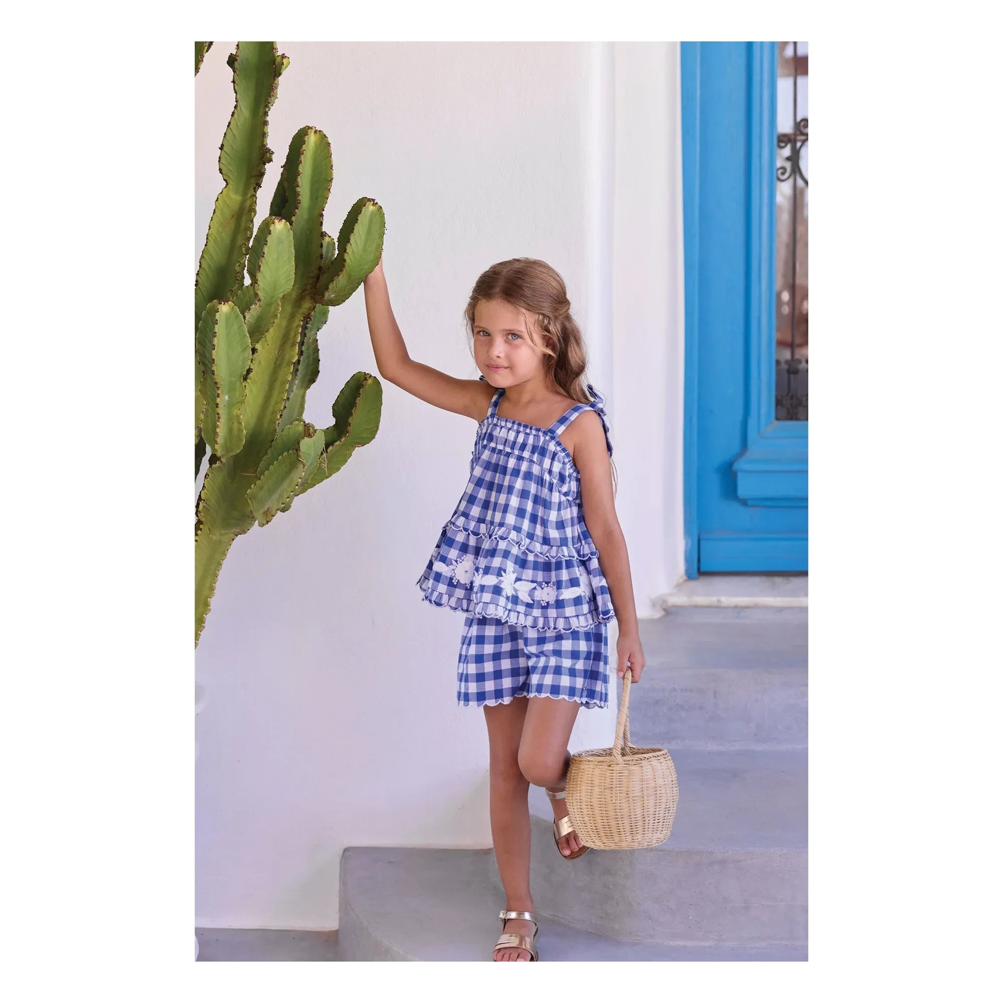 Tartine et Chocolat - Blusa bordada y conjunto de pantalón corto de cuadros | Azul real