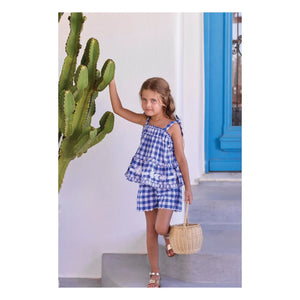 Tartine et Chocolat - Blusa bordada y conjunto de pantalón corto de cuadros | Azul real