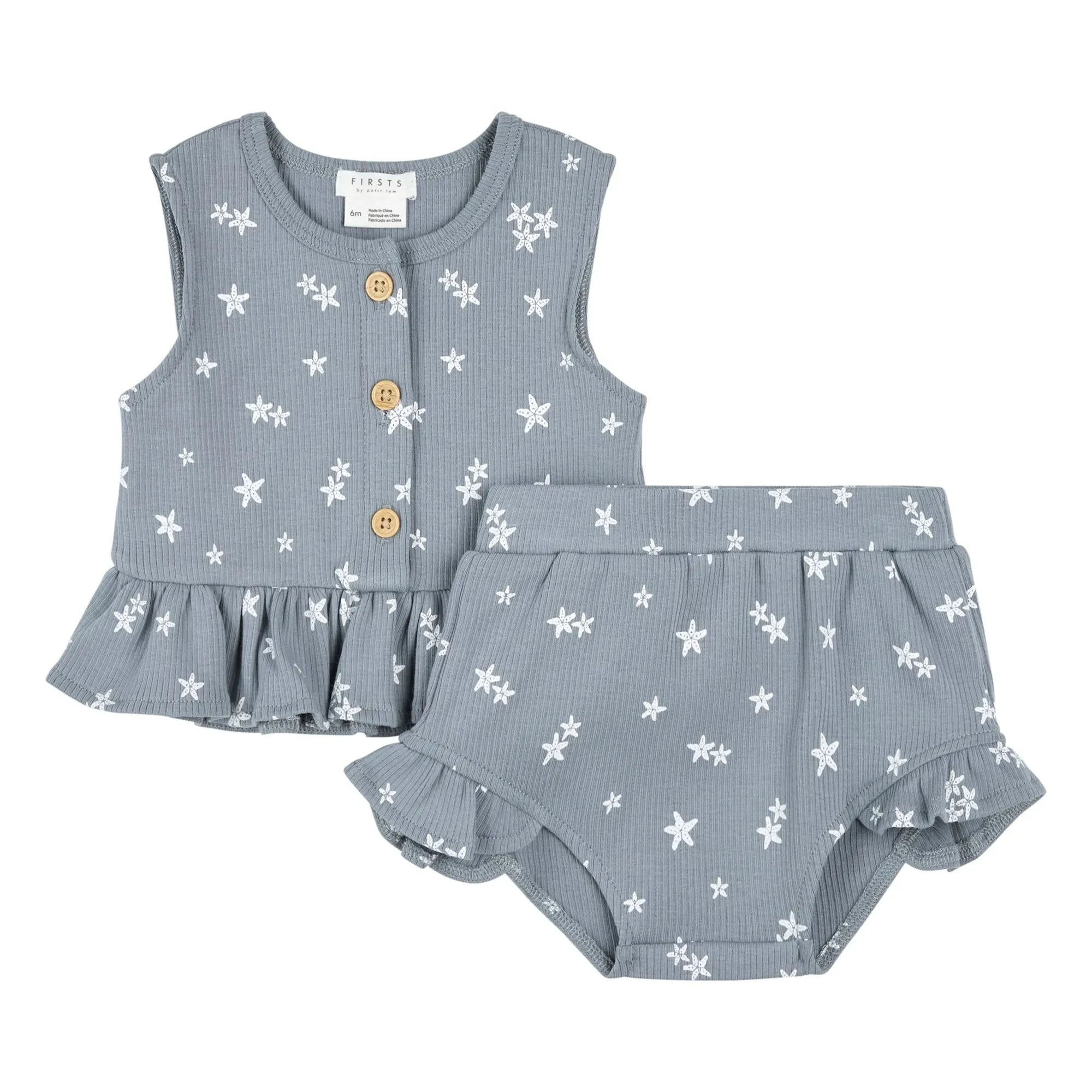 Petit Lem - Conjunto de top y pantalón corto de algodón orgánico con estrellas de mar en relieve | Gris azulado