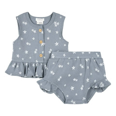 Petit Lem - Conjunto de top y pantalón corto de algodón orgánico con estrellas de mar en relieve | Gris azulado