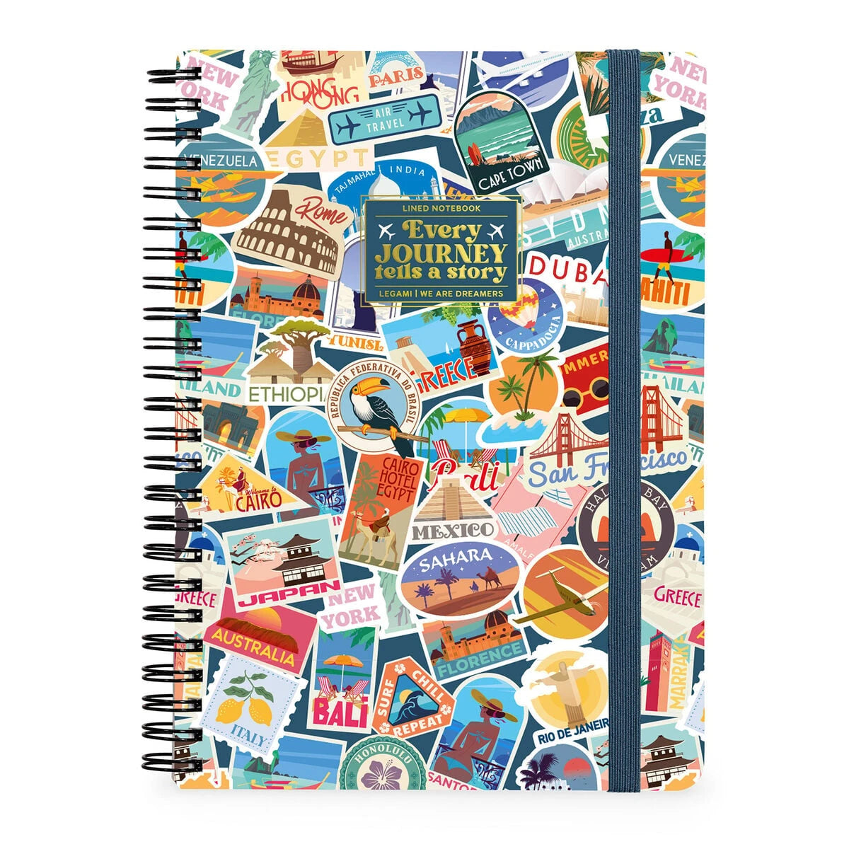 Legami - Çizgili A4 Defter - Resimli Sert Kapak - Seyahat Çıkartmaları - Spiralli