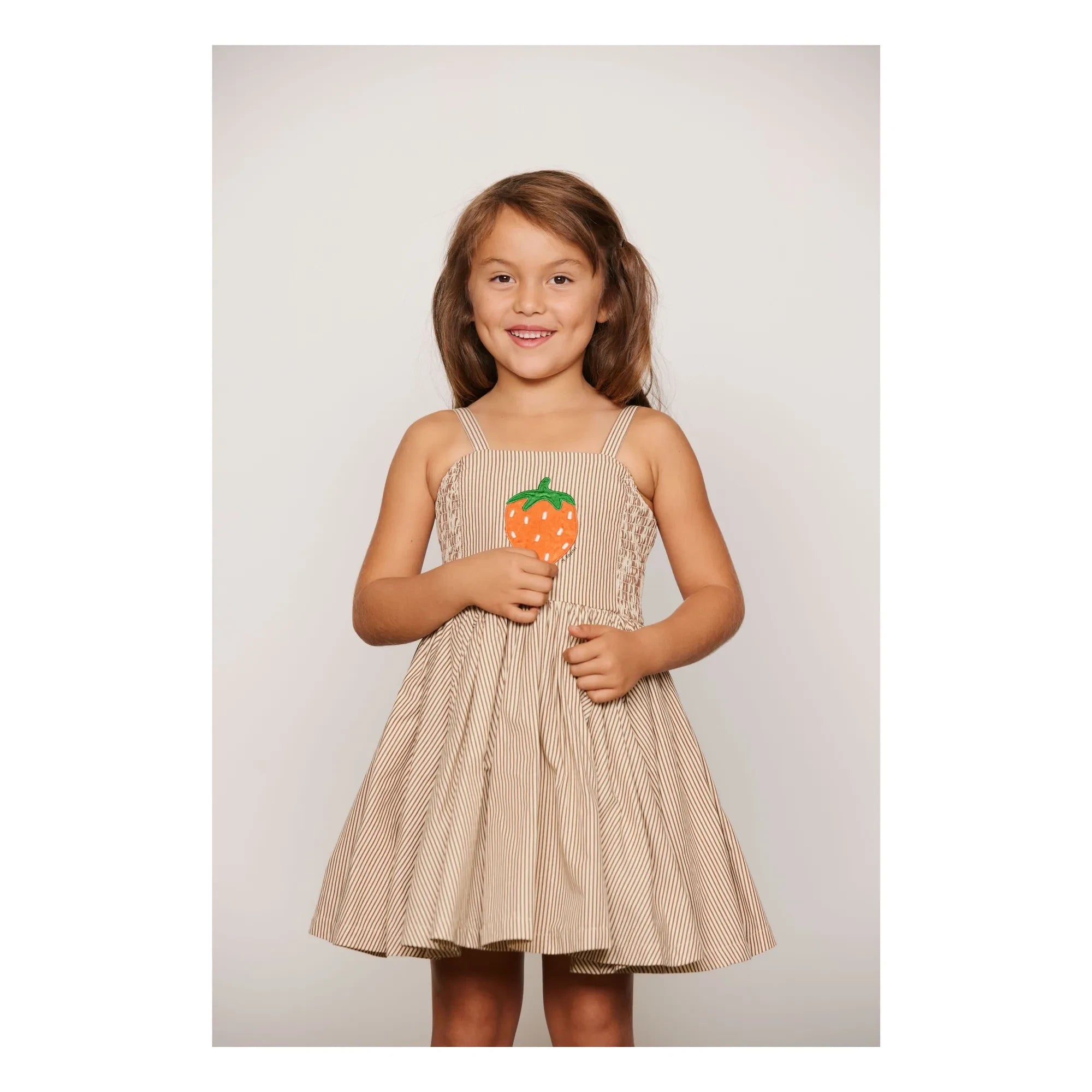 Mini Rodini - Vestido Fruncido de Popelín de Algodón Orgánico a Rayas | Marrón
