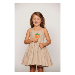 Mini Rodini - Vestido Fruncido de Popelín de Algodón Orgánico a Rayas | Marrón
