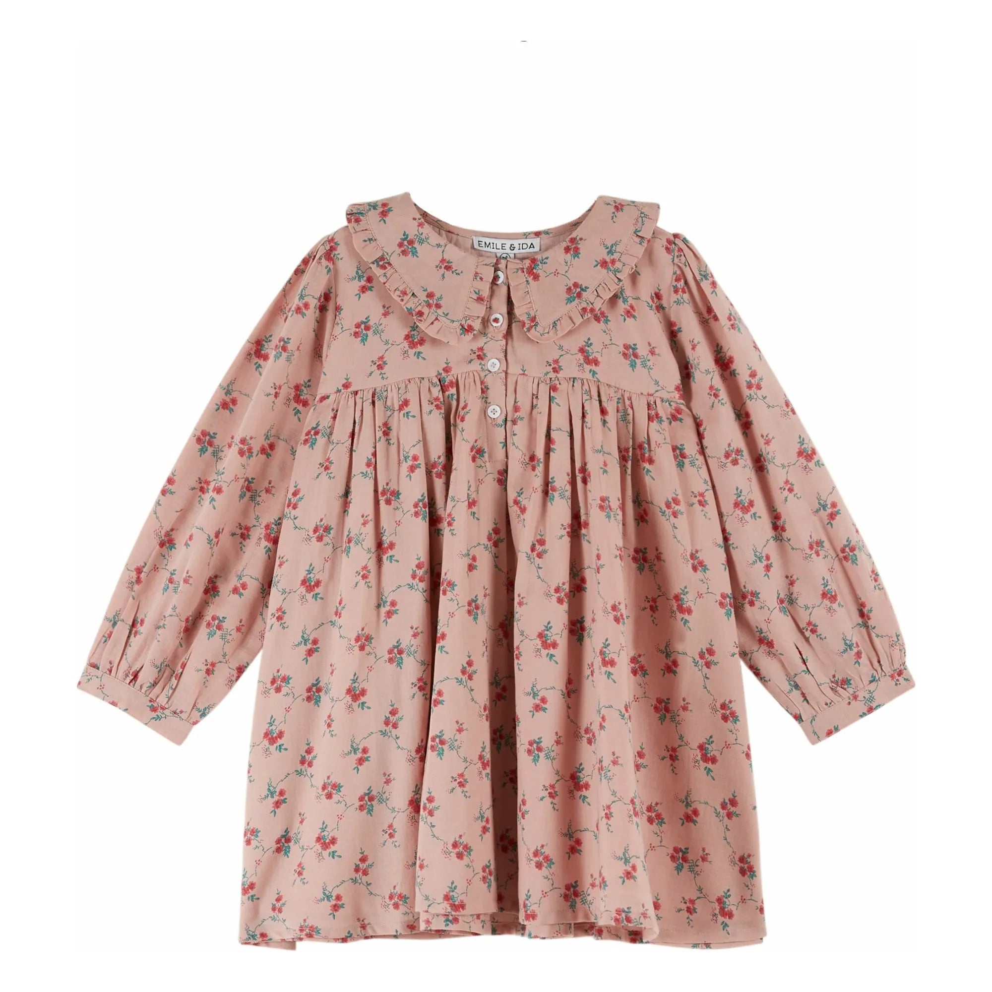 Emile et Ida - Vestido rosa con cuello Claudine floral