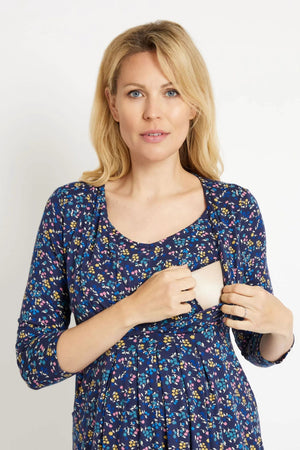 JoJo Maman - Vestido túnica plisado de lactancia y embarazo, floral azul marino - M