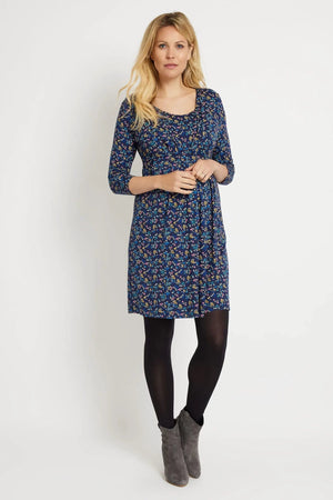 JoJo Maman - Vestido túnica plisado de lactancia y embarazo, floral azul marino - M