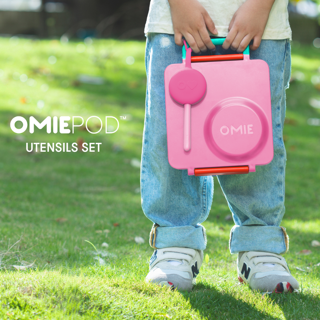 Omiebox - OmiePod Set de tenedor y cuchara de silicona con burbujas de colores
