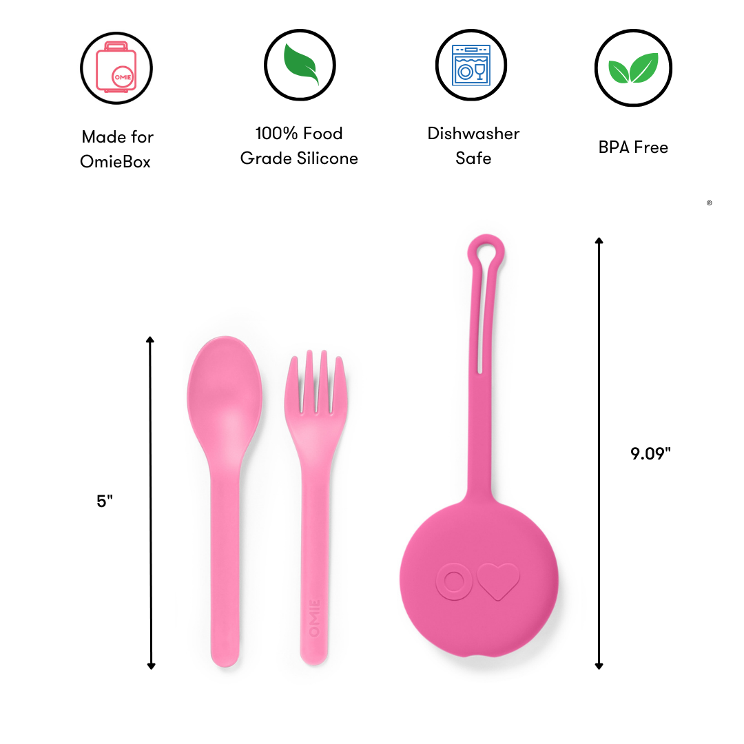 Omiebox - OmiePod Set de tenedor y cuchara de silicona con burbujas de colores