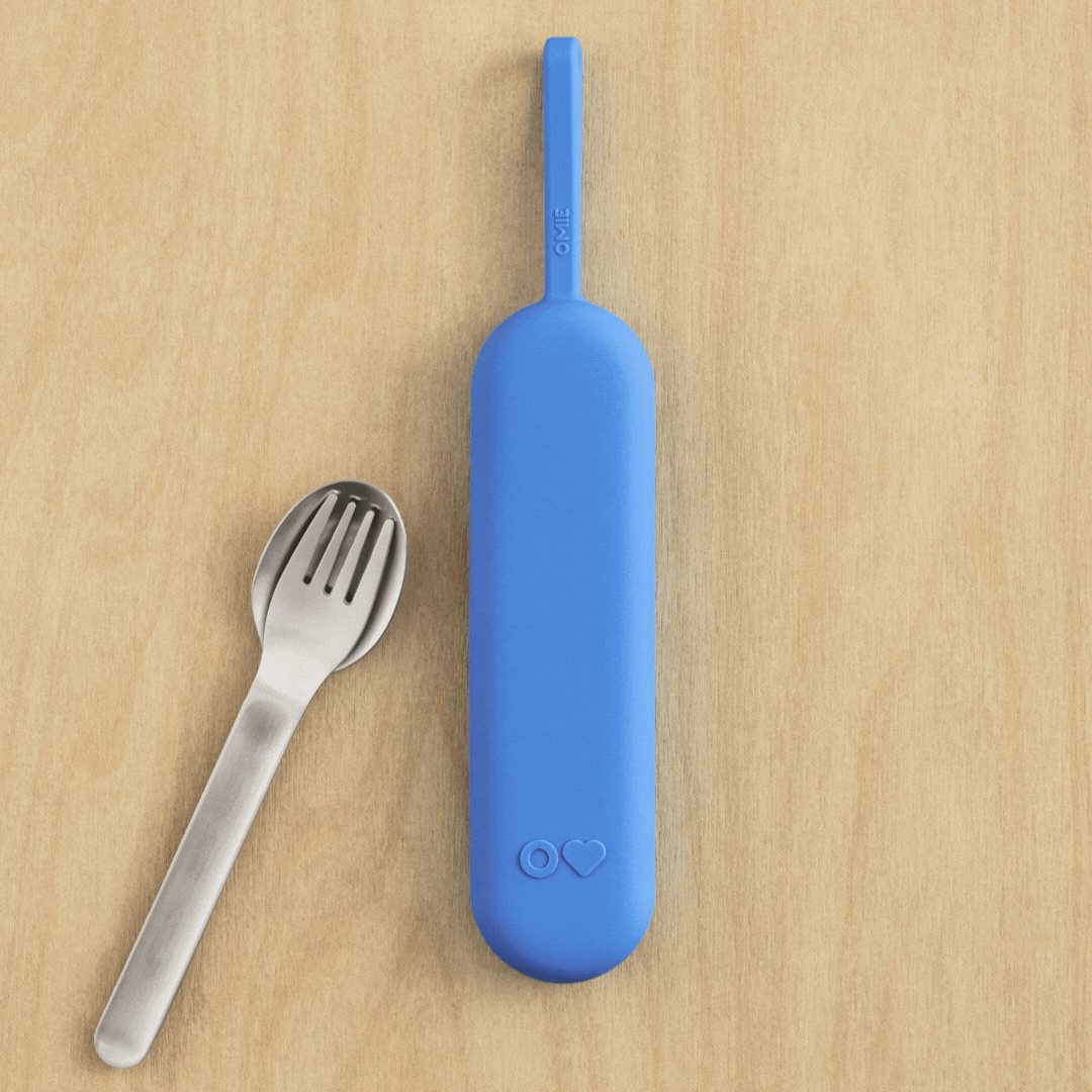 Omiebox - OmiePod UP Azure Juego de tenedor y cuchara de silicona