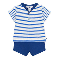 Petit Bateau - Conjunto de camiseta y pantalón corto de algodón orgánico con textura de nido de abeja | Azul