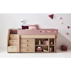 Flexa - Cama de altura media Popsicle con escalera de almacenamiento 90x200 cm | Rosa