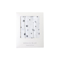 Rosa & Blue Muslin Squares - Starlit Moon - 3 Pack-Muslin Squares-Starlit Moon- | Natural Baby Shower