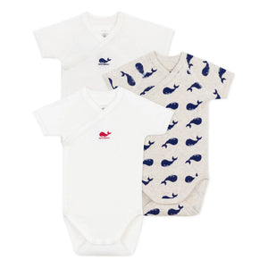 Petit Bateau - Conjunto de 3 Bodys de Algodón Orgánico con Ballenas para Recién Nacido | Crudo
