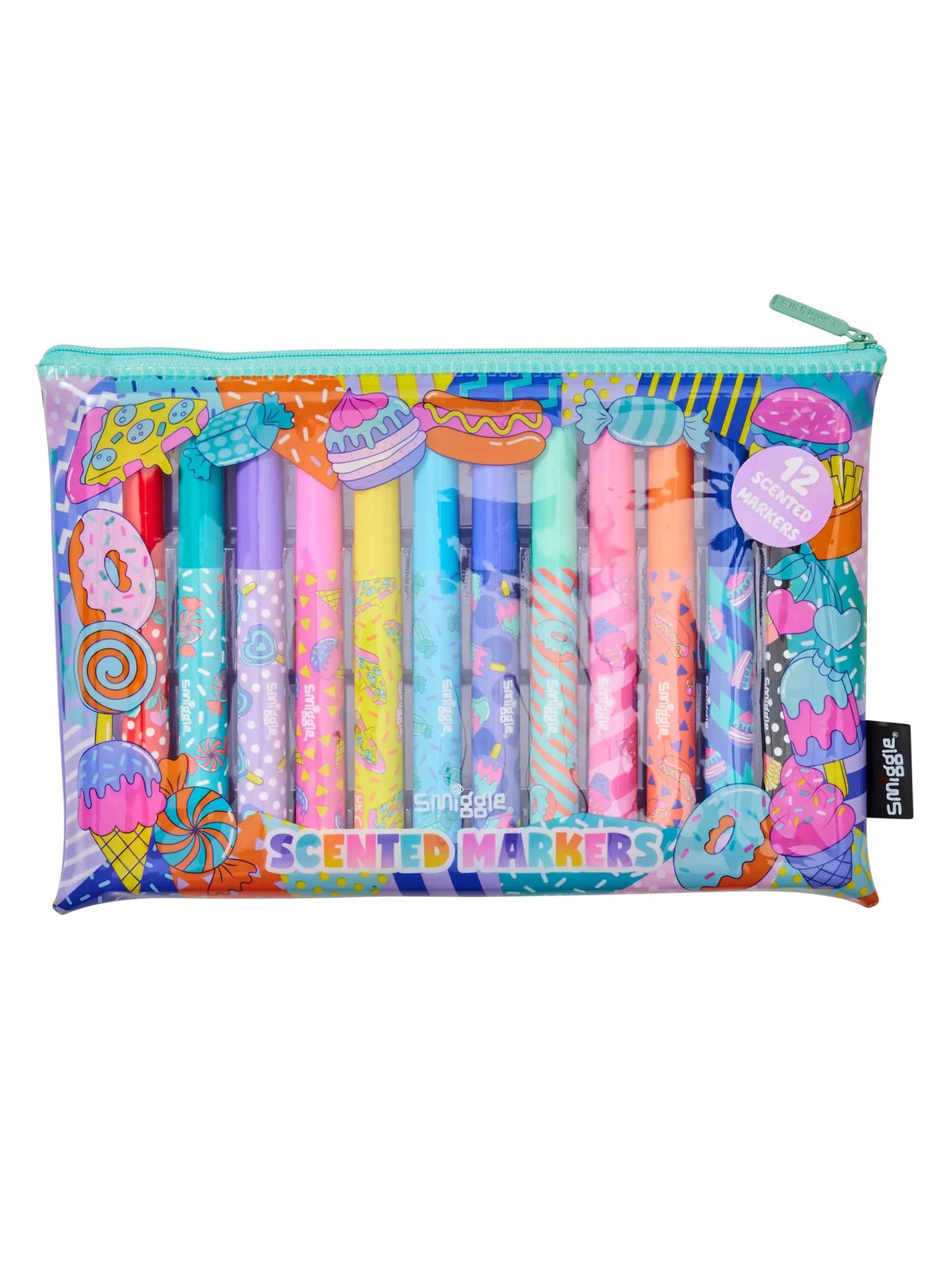 Smiggle - Set de 12 marcadores fluorescentes perfumados y estuche para lápices Away