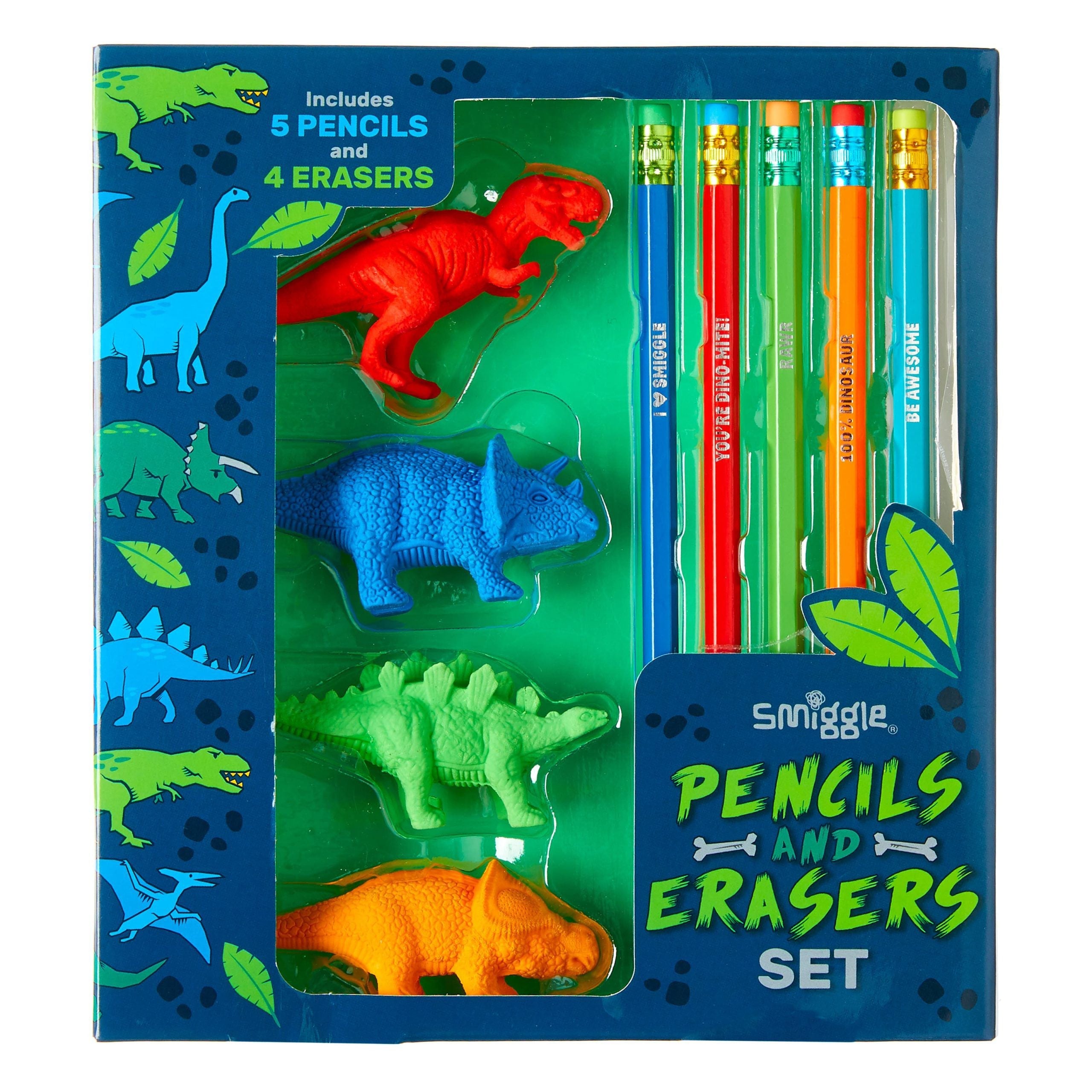 Smiggle - Lote de lápices y gomas de borrar de dinosaurios