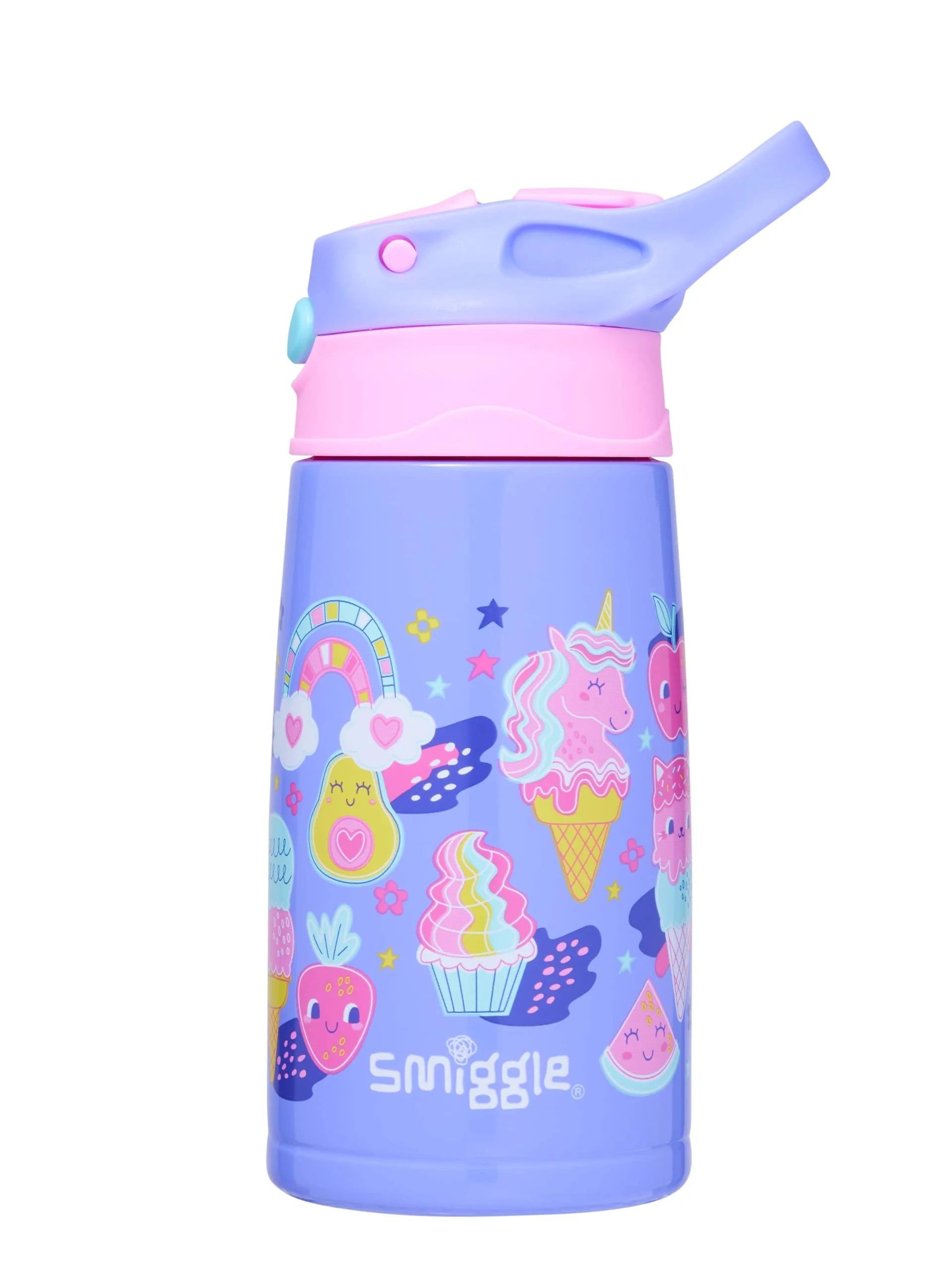 Smiggle - Happy Tales Botella de acero inoxidable con pajita automática de 400 ml