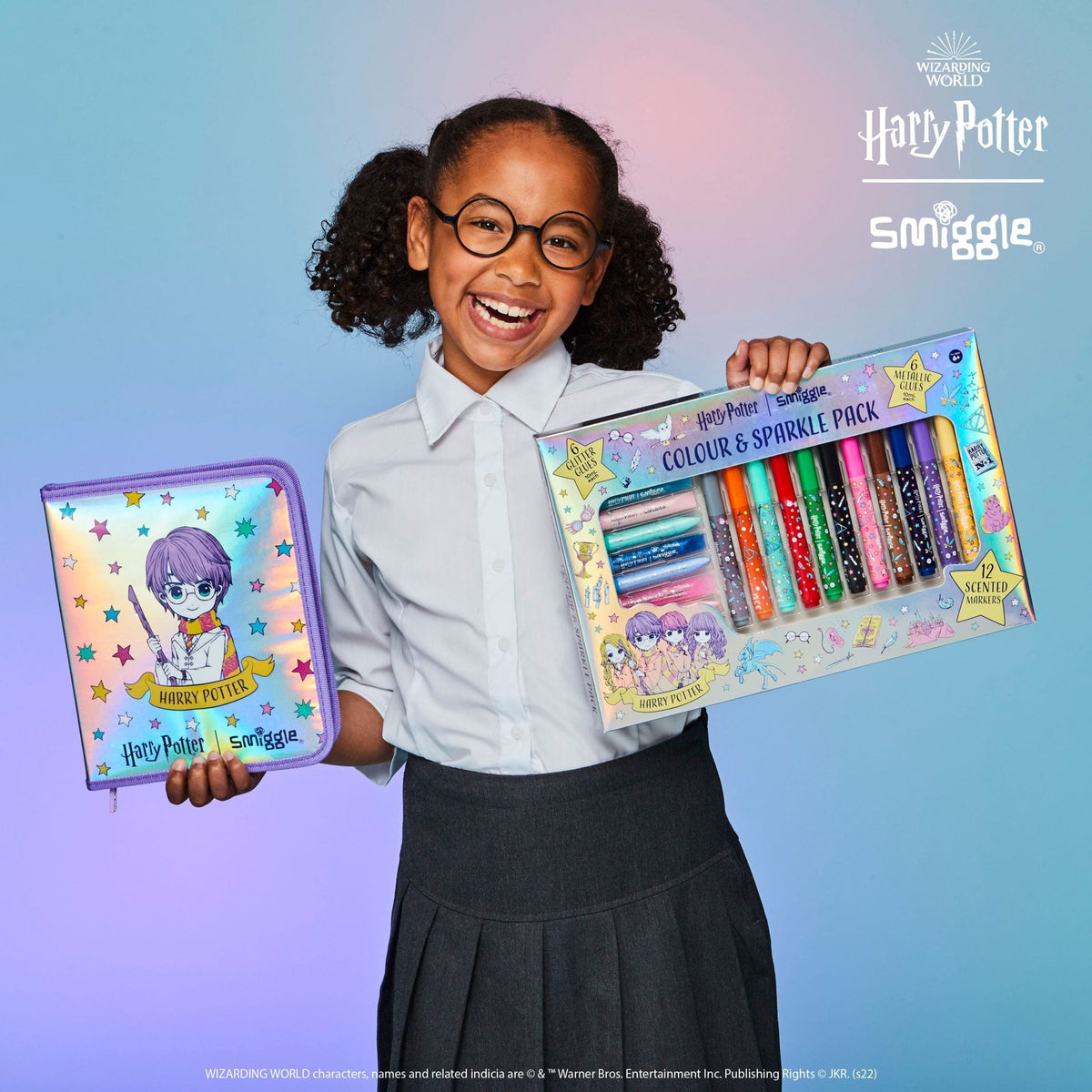 Smiggle - Pack de rotuladores y pegamento con purpurina de Harry Potter