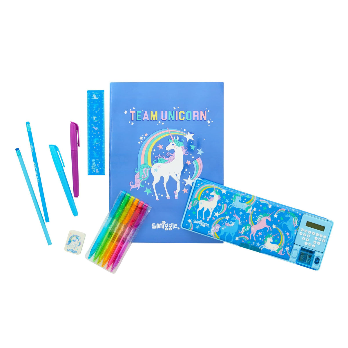 Smiggle - Estuche de lápices automático con calculadora y juego de lápices exclusivo