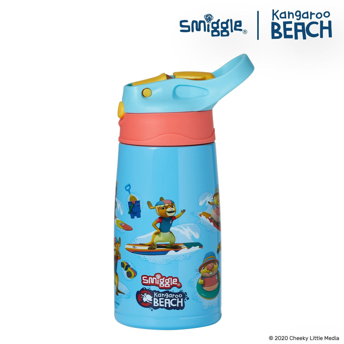 Smiggle - Botella de acero automática con pajita Kangaroo Beach 400ml