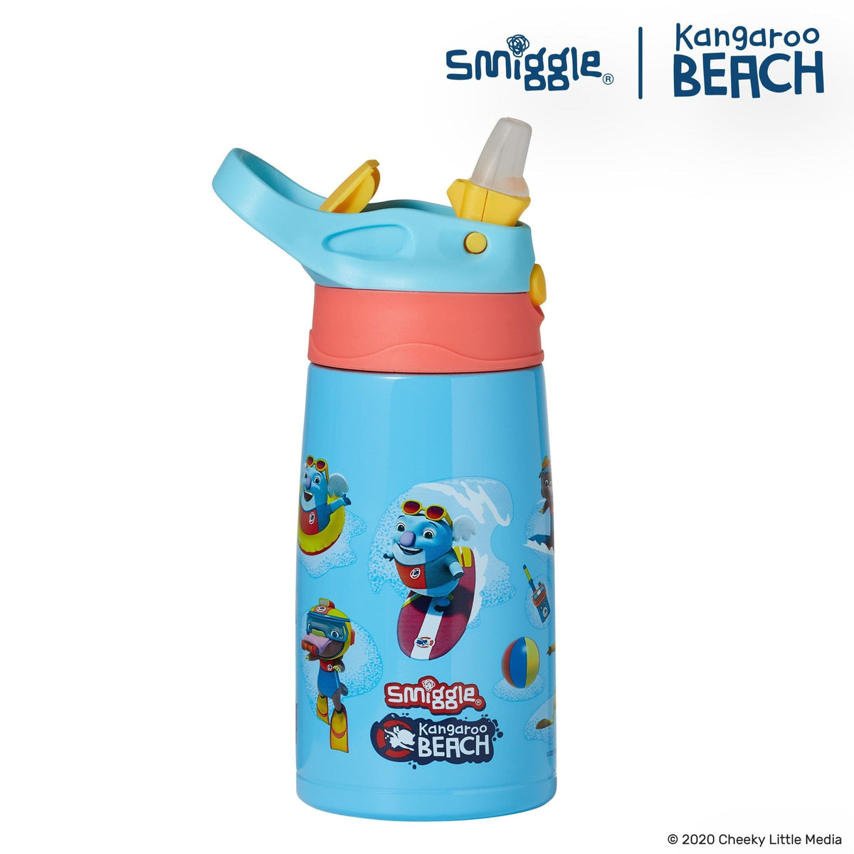 Smiggle - Botella de acero automática con pajita Kangaroo Beach 400ml