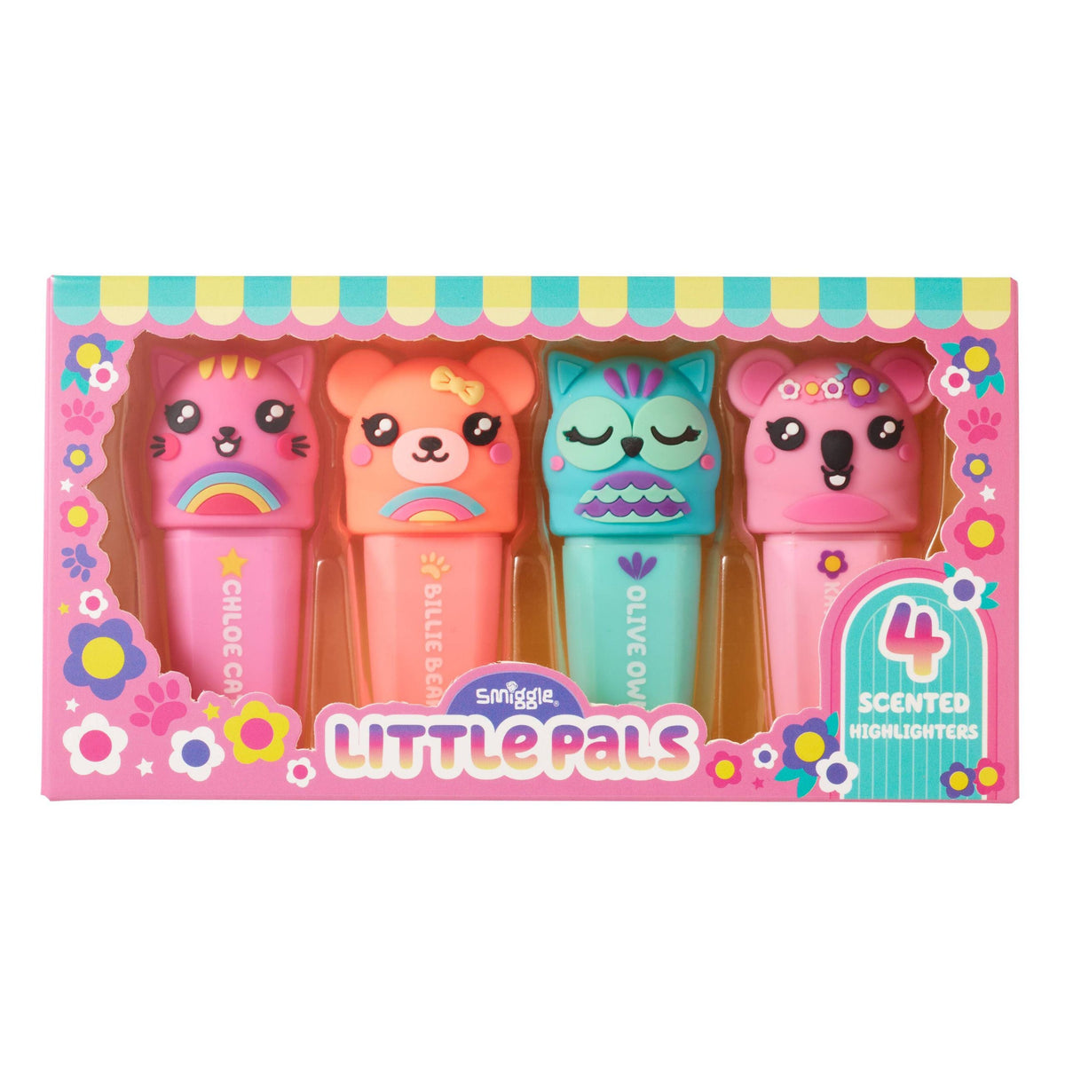 Smiggle - Paquete de 4 rotuladores fluorescentes Little Pals