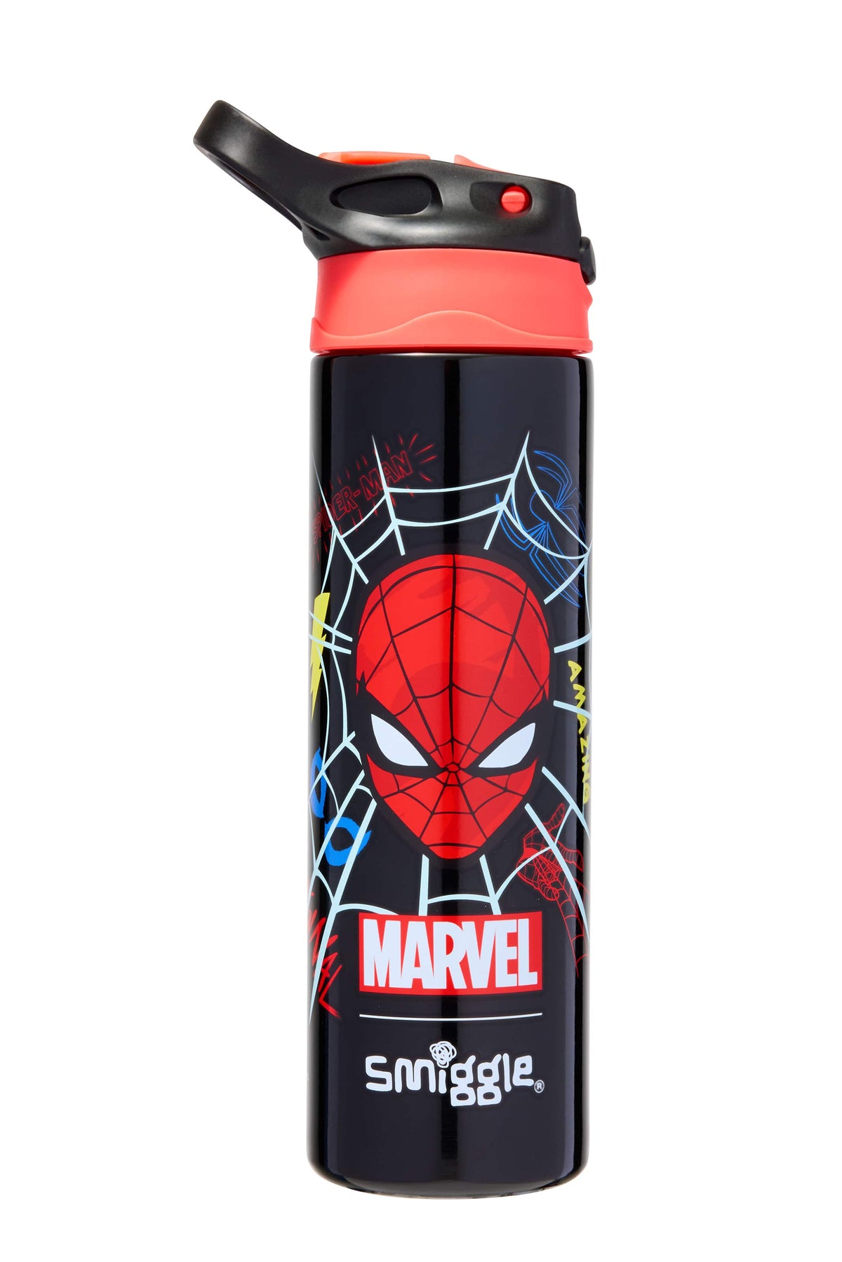 Smiggle - Marvel Spiderman Botella de Agua Automática sin BPA con Pajita 650ML
