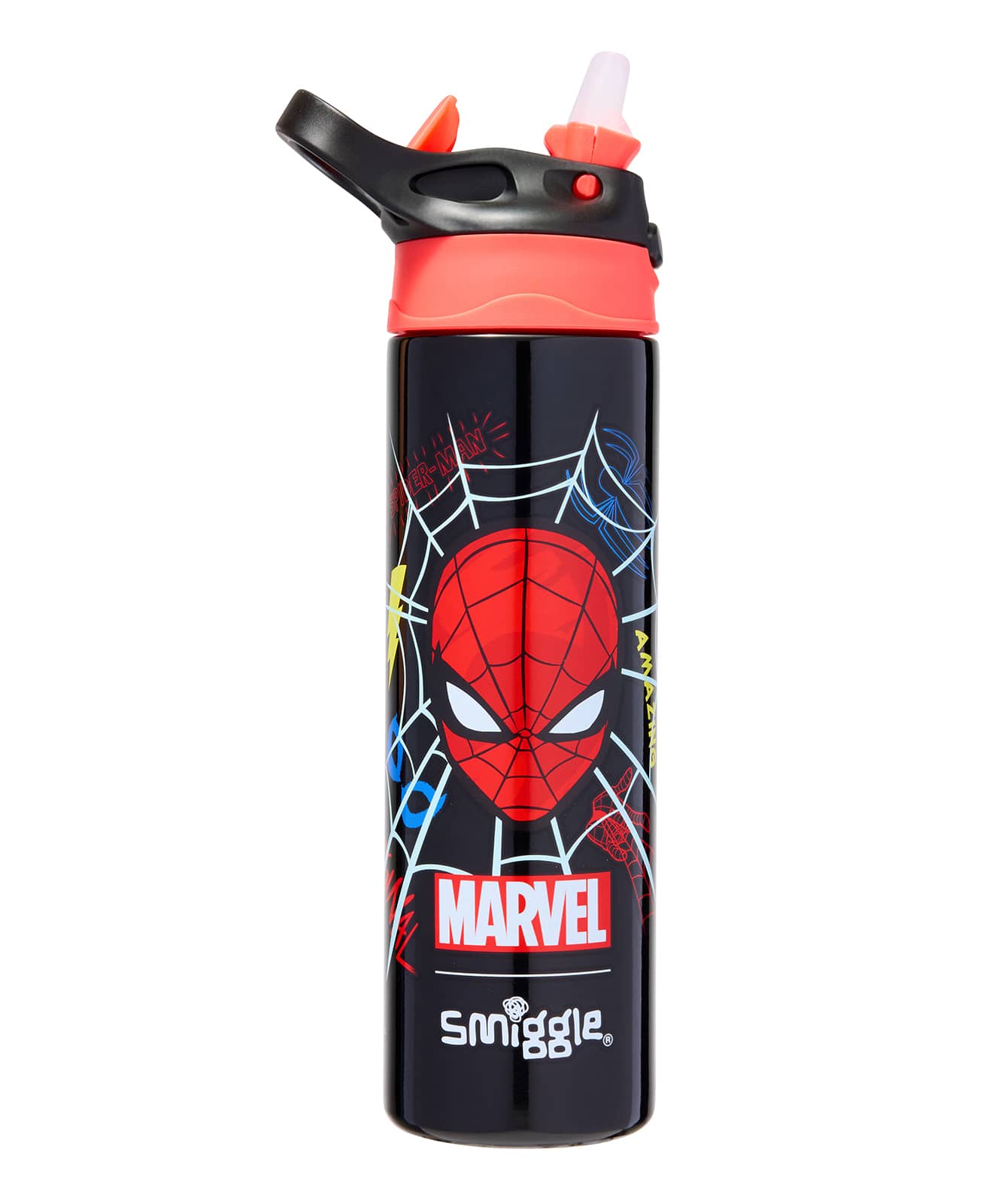 Smiggle - Marvel Spiderman Botella de Agua Automática sin BPA con Pajita 650ML
