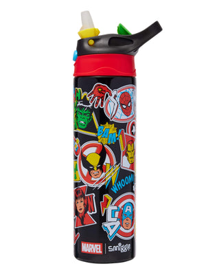 Smiggle - Botella de agua de acero inoxidable con pajita automática aislada Marvel 520 ml