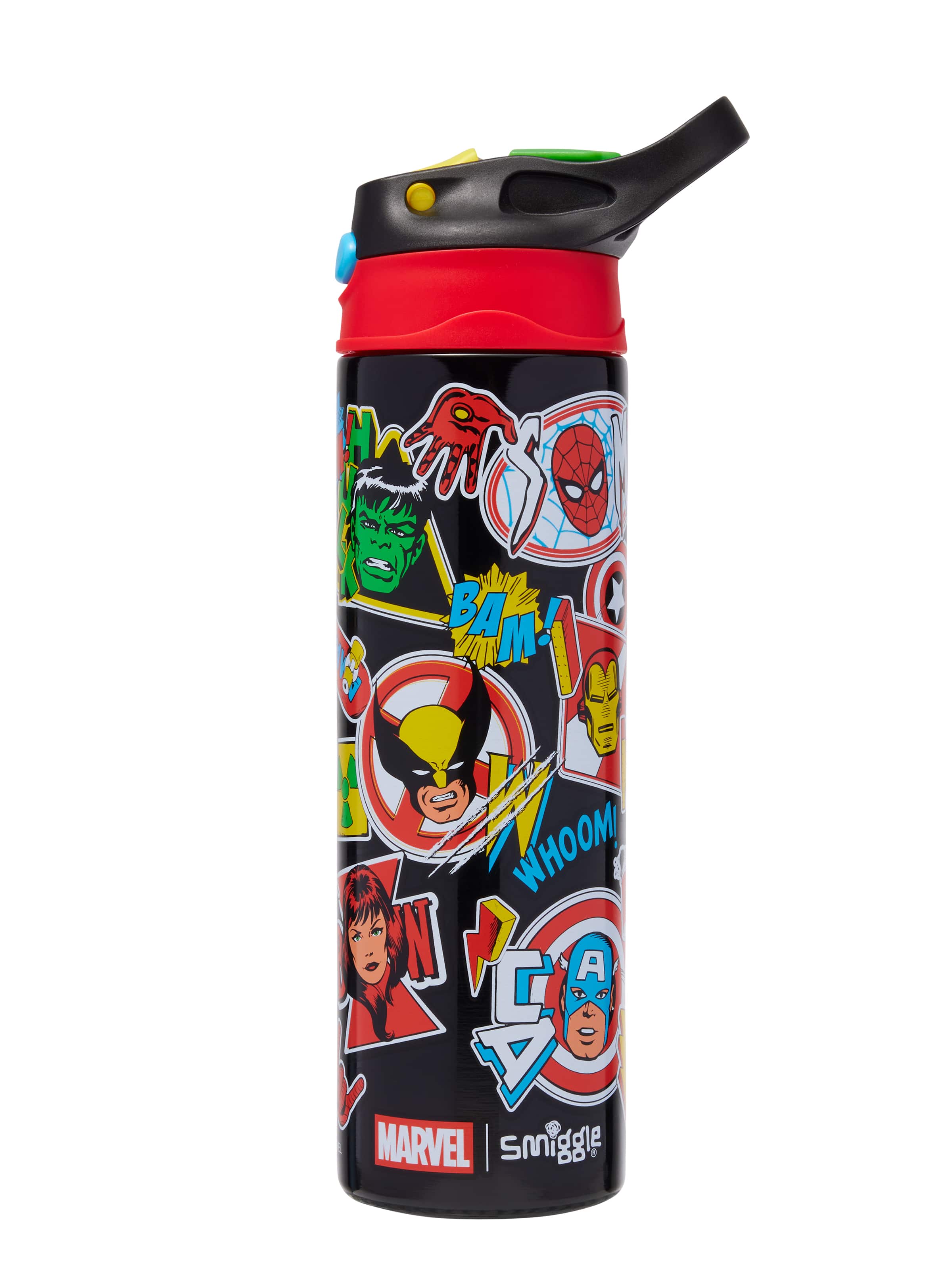 Smiggle - Botella de agua de acero inoxidable con pajita automática aislada Marvel 520 ml