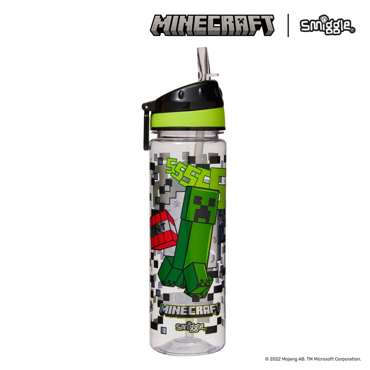 Smiggle - Botella de agua de 650 ml sin BPA con pajita de Minecraft