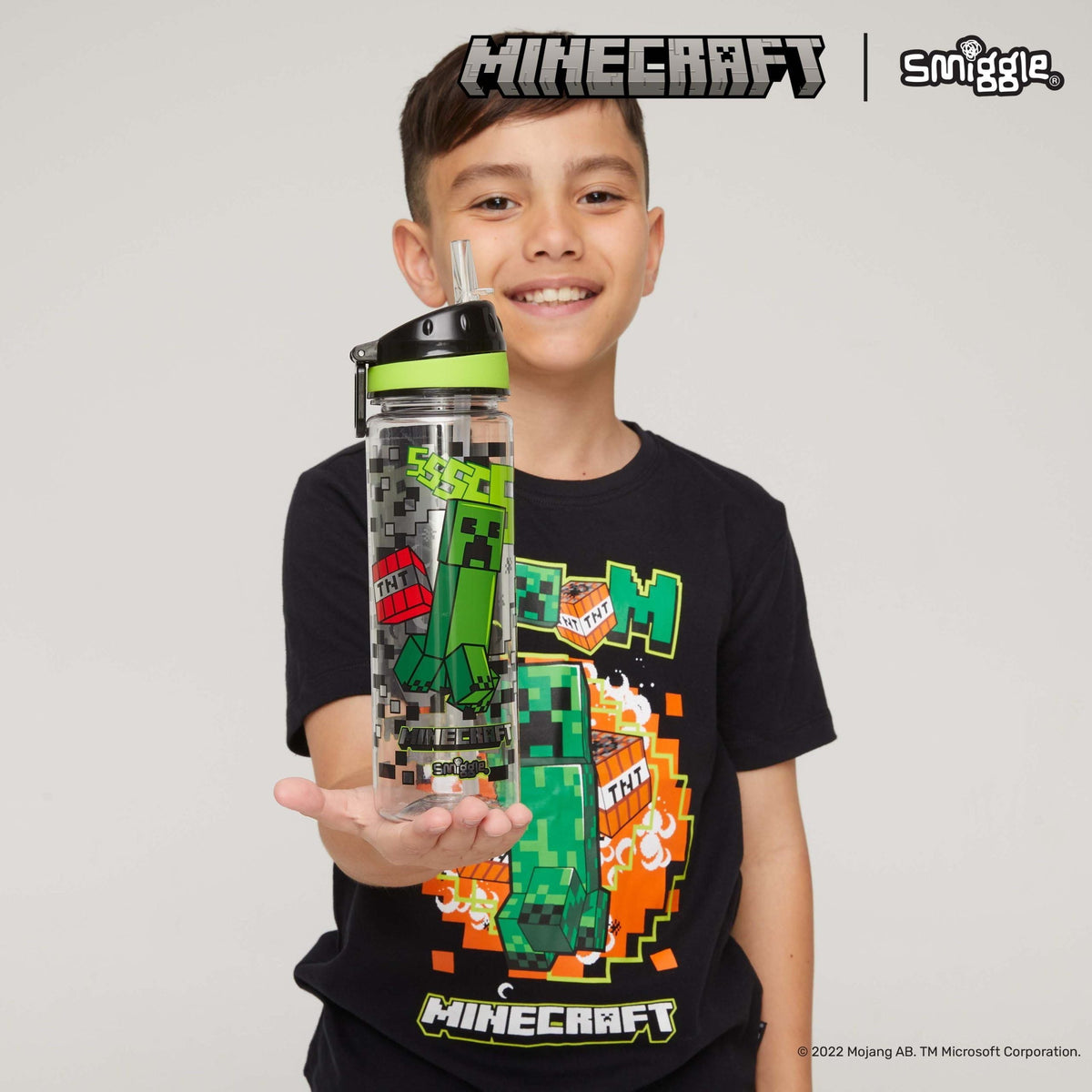 Smiggle - Botella de agua de 650 ml sin BPA con pajita de Minecraft