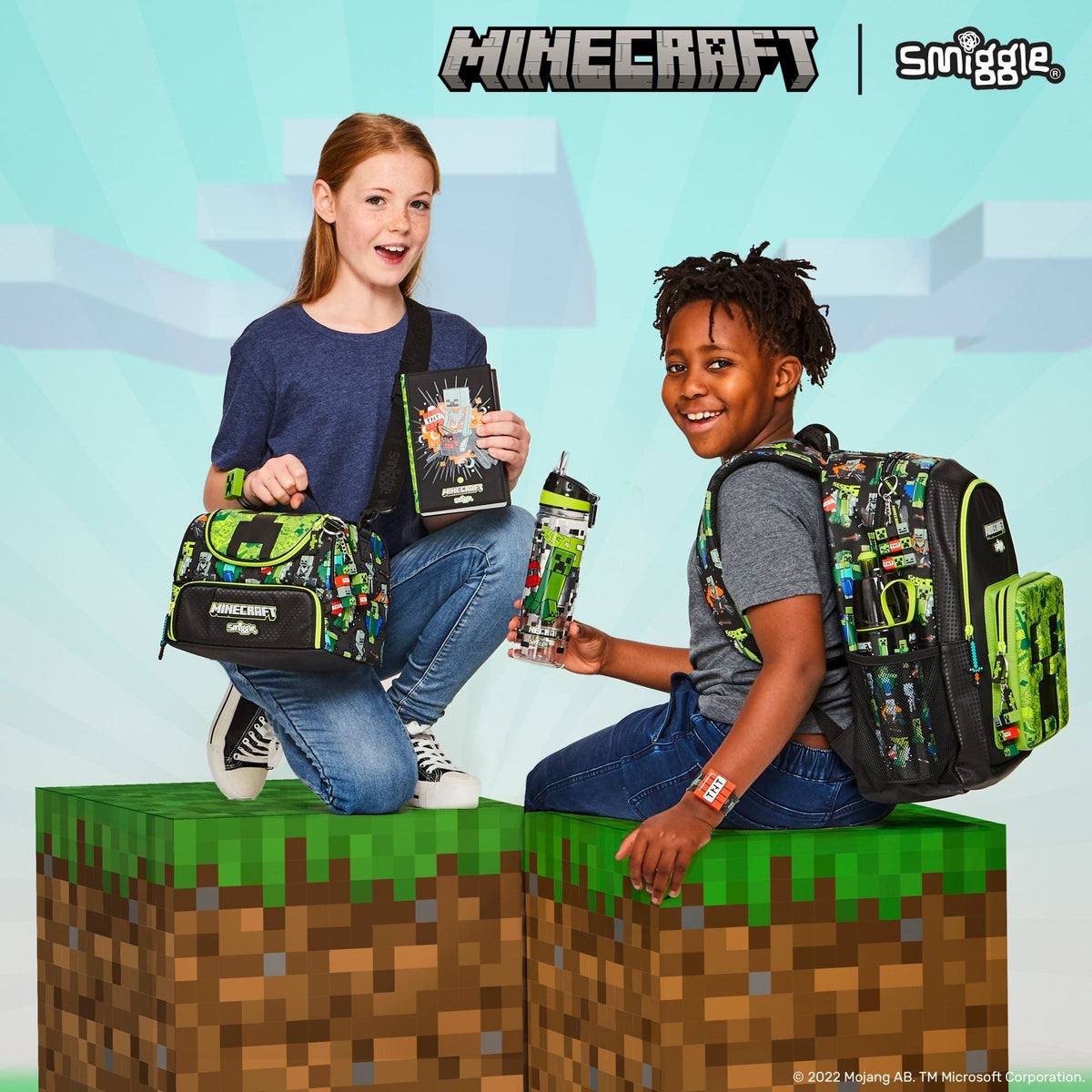 Smiggle - Botella de agua de 650 ml sin BPA con pajita de Minecraft