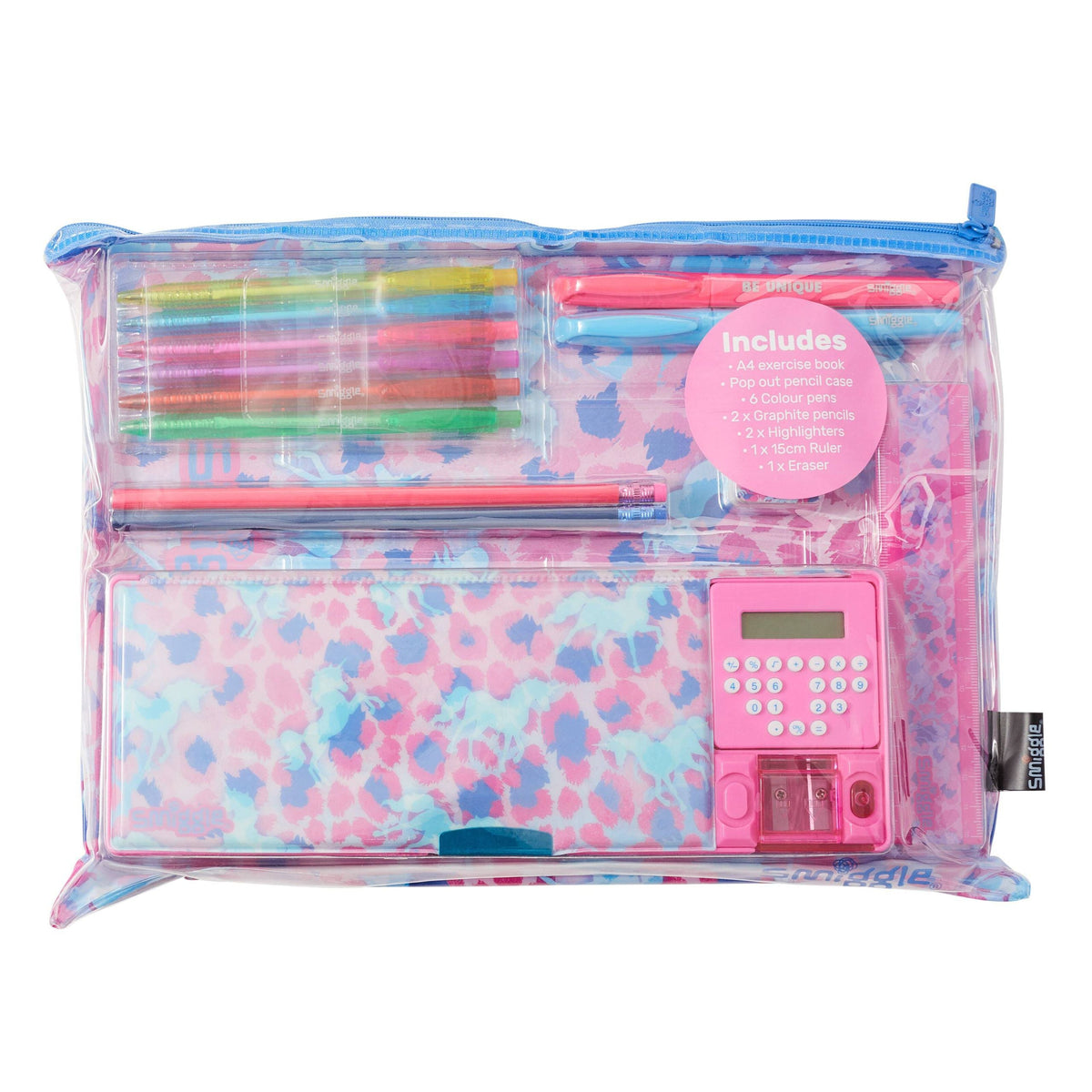 Smiggle - Estuche automático para lápices con calculadora y set de papelería Mirage