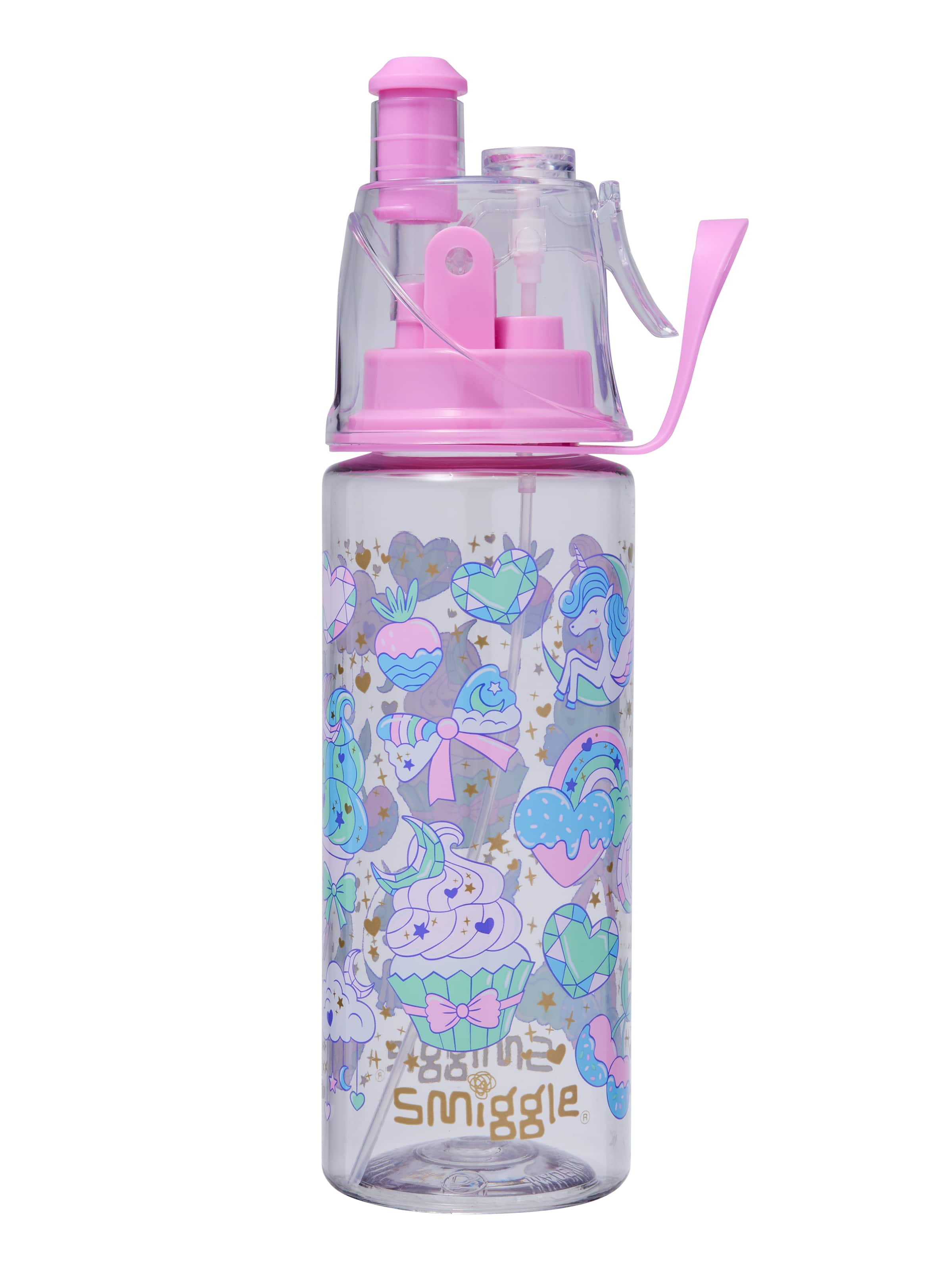 Smiggle - Botella de agua pulverizadora radiante de 560 ml, sin BPA