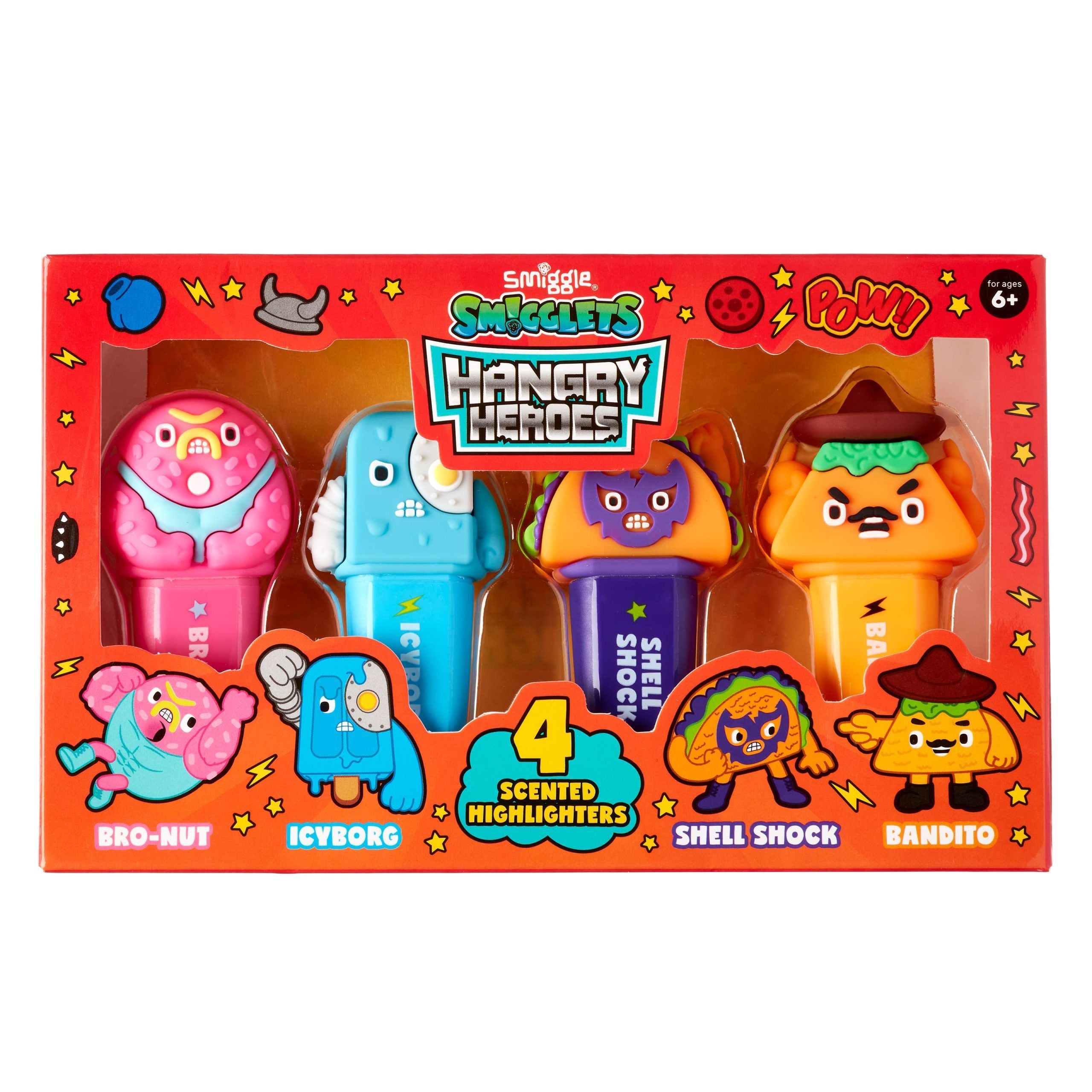 Smiggle - Pack de 4 Rotuladores Fluorescentes Smigglets Hangry Heroes
