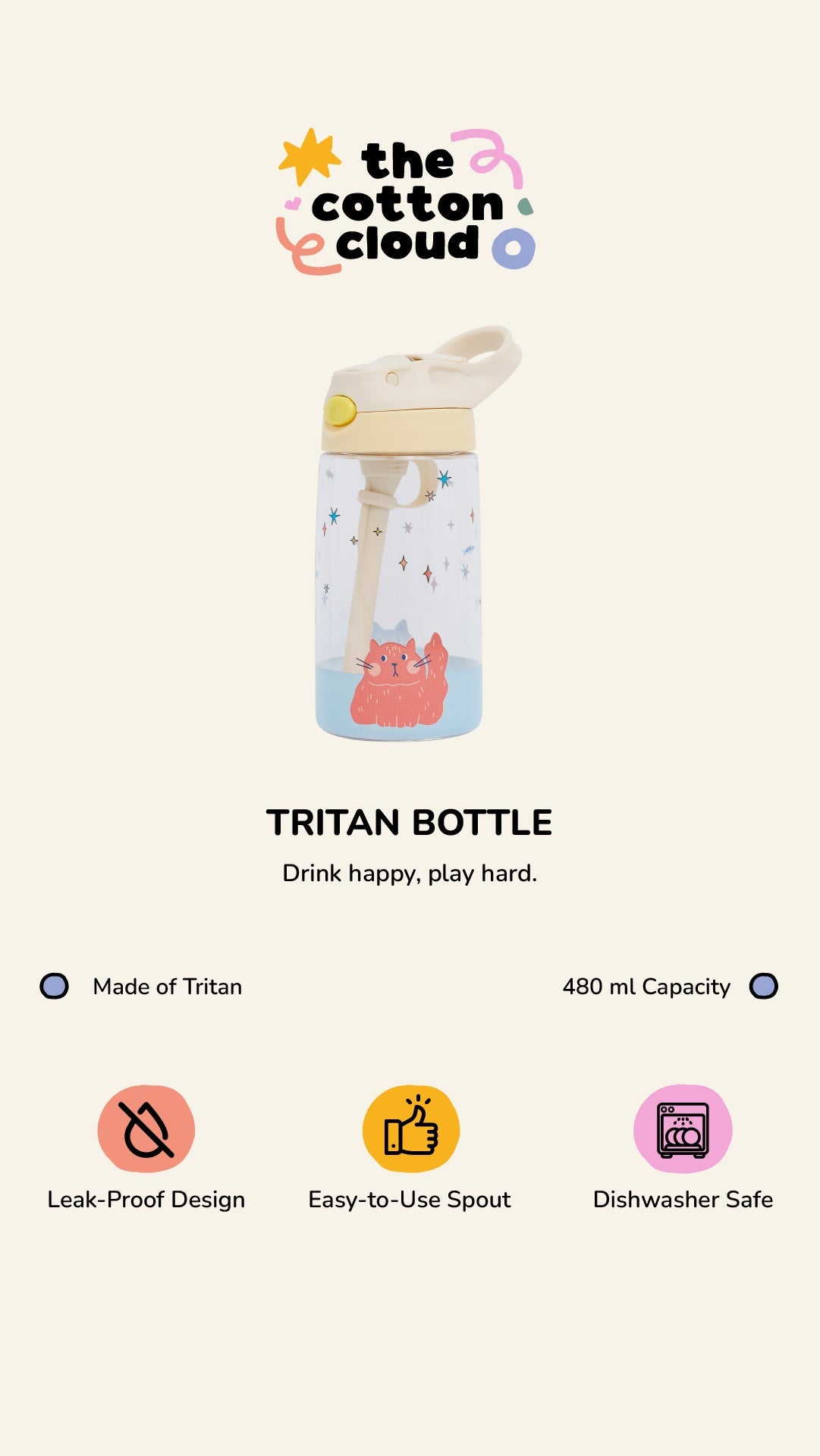 The Cotton Cloud - Funky Dogs 480ML Tritan Botella de agua con pajita oculta